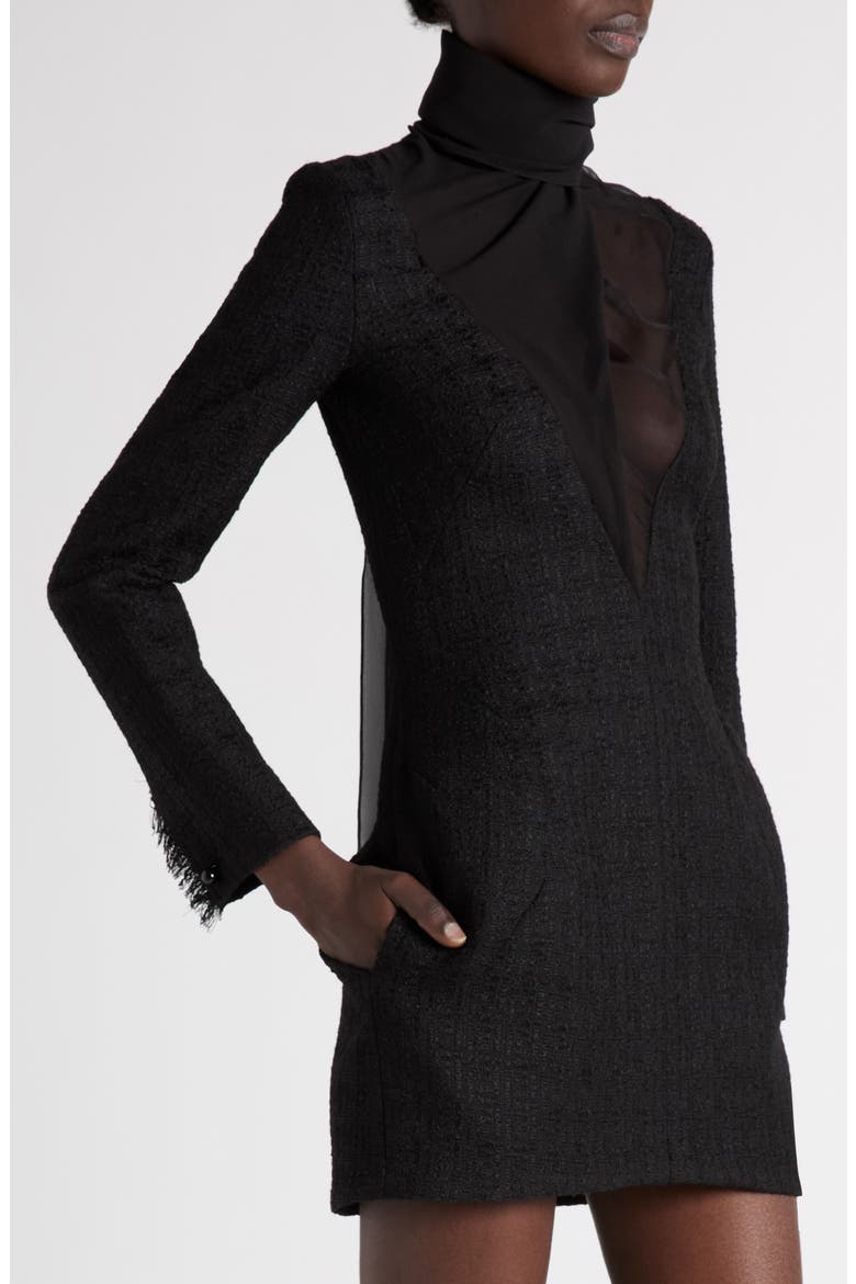 Long Sleeve Stretch Wool & Mohair Light Tweed Evening Minidress, Alternate, color, BLACK