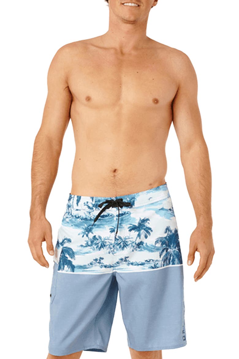 Dawn Patrol Colorblock Print Swim Trunks, Main, color, GLACIER BLUE