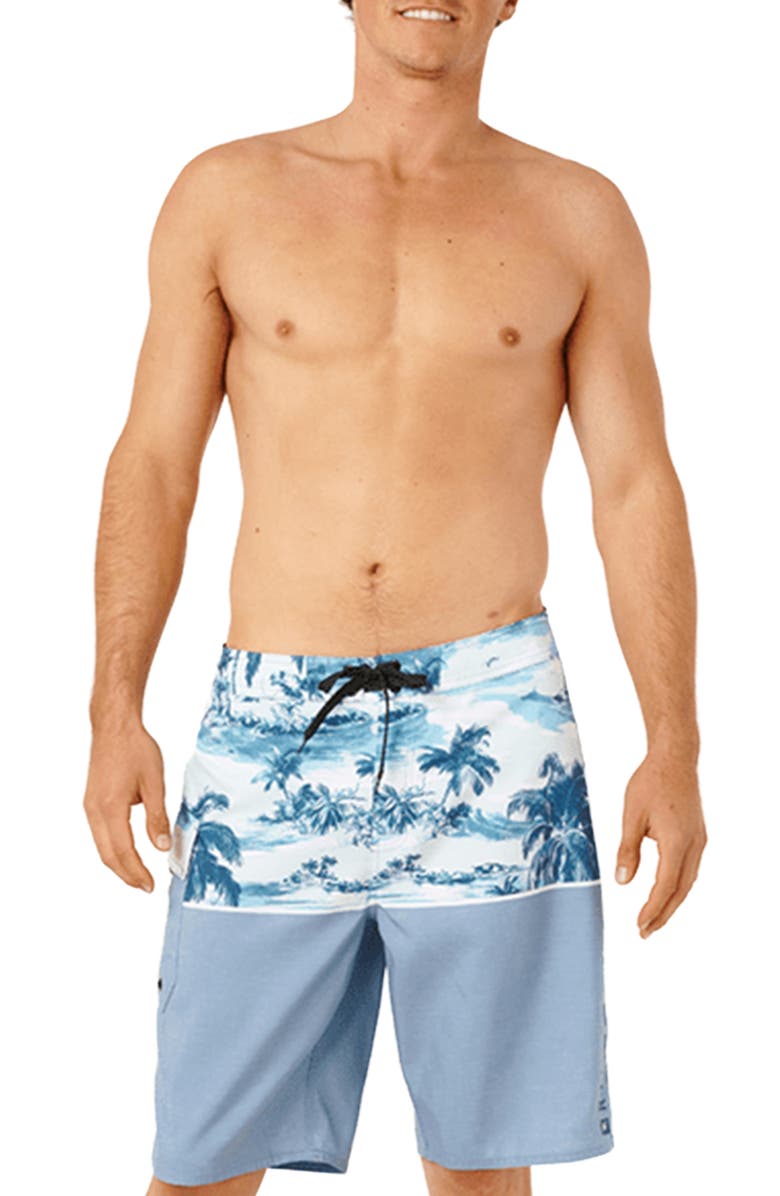 Rip Curl Dawn Patrol Colorblock Print Swim Trunks, Main, color, Glacier Blue