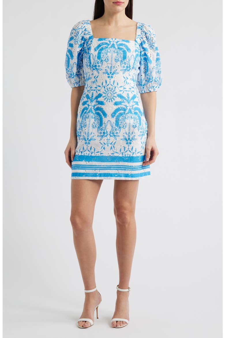 Eyelet Puff Sleeve Minidress, Main, color, CRISPT WHITE/ SEAPORT