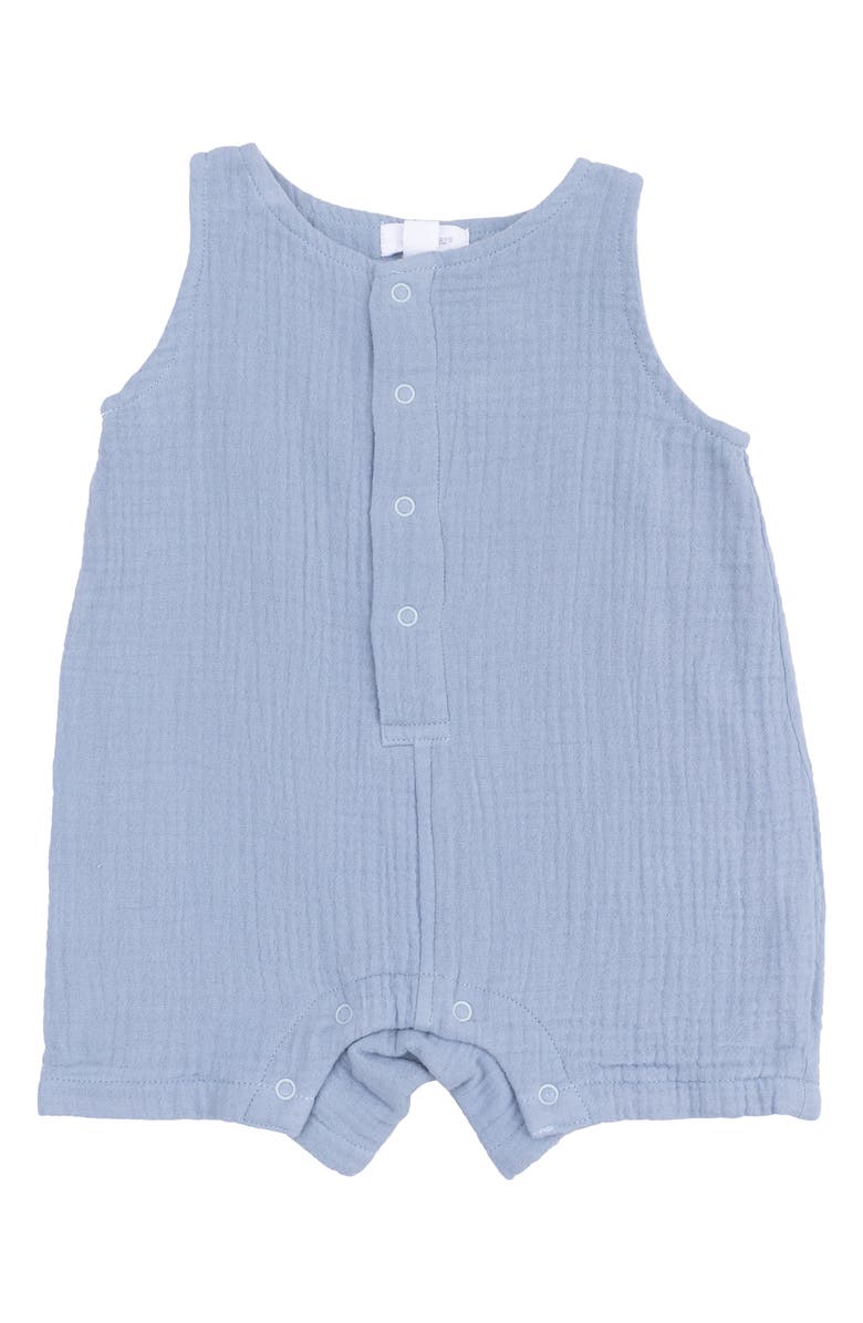 Angel Dear Sleeveless Organic Cotton Gauze Romper, Main, color, Blue