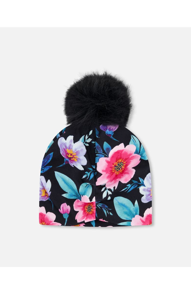Deux par Deux Stretch Jersey Hat Printed Flowers with Pompom, Alternate, color, Black Floral Print