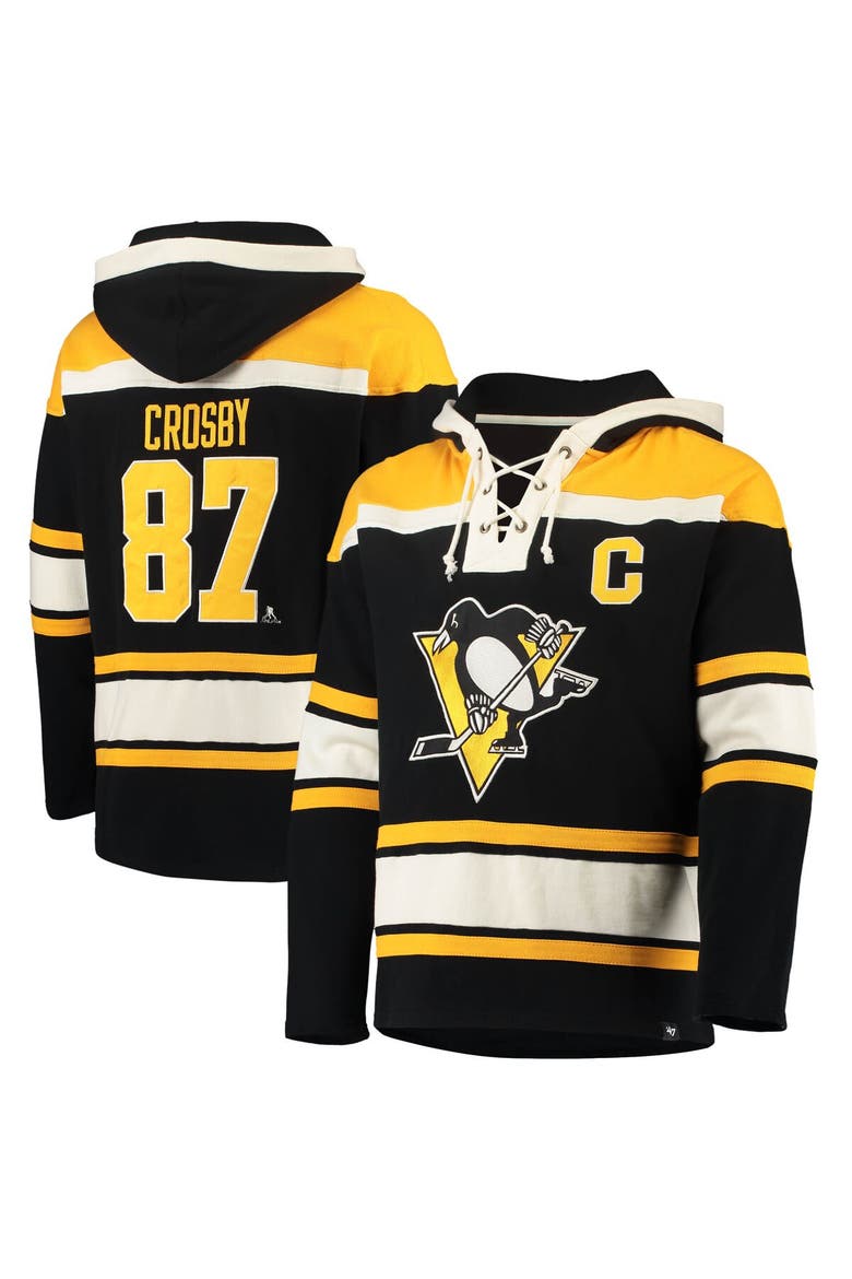 Men's '47 Sidney Crosby Black Pittsburgh Penguins Player Name & Number Lacer Pullover Hoodie, Main, color, Black