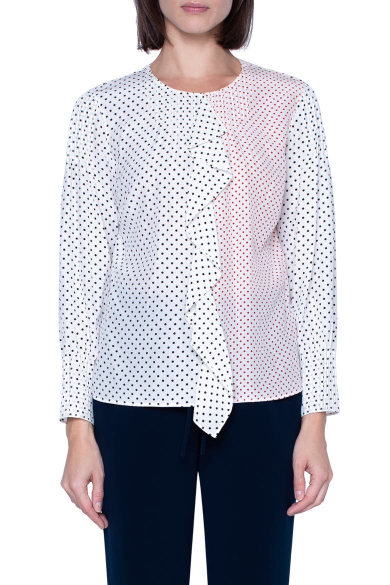 Dot Ruffle Silk Top, Main, color, CREAM/ BLACK/ LUMINOUS RED