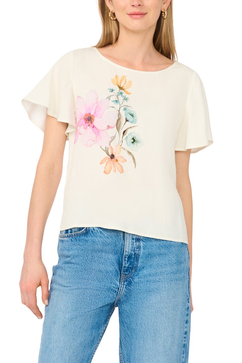 Placed Floral Flutter Sleeve Top, Main, color, ANTIQ WHITE