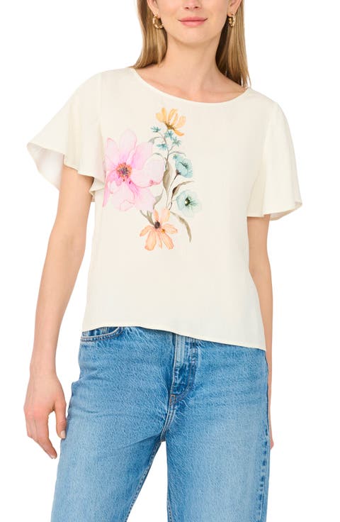 Placed Floral Flutter Sleeve Top
