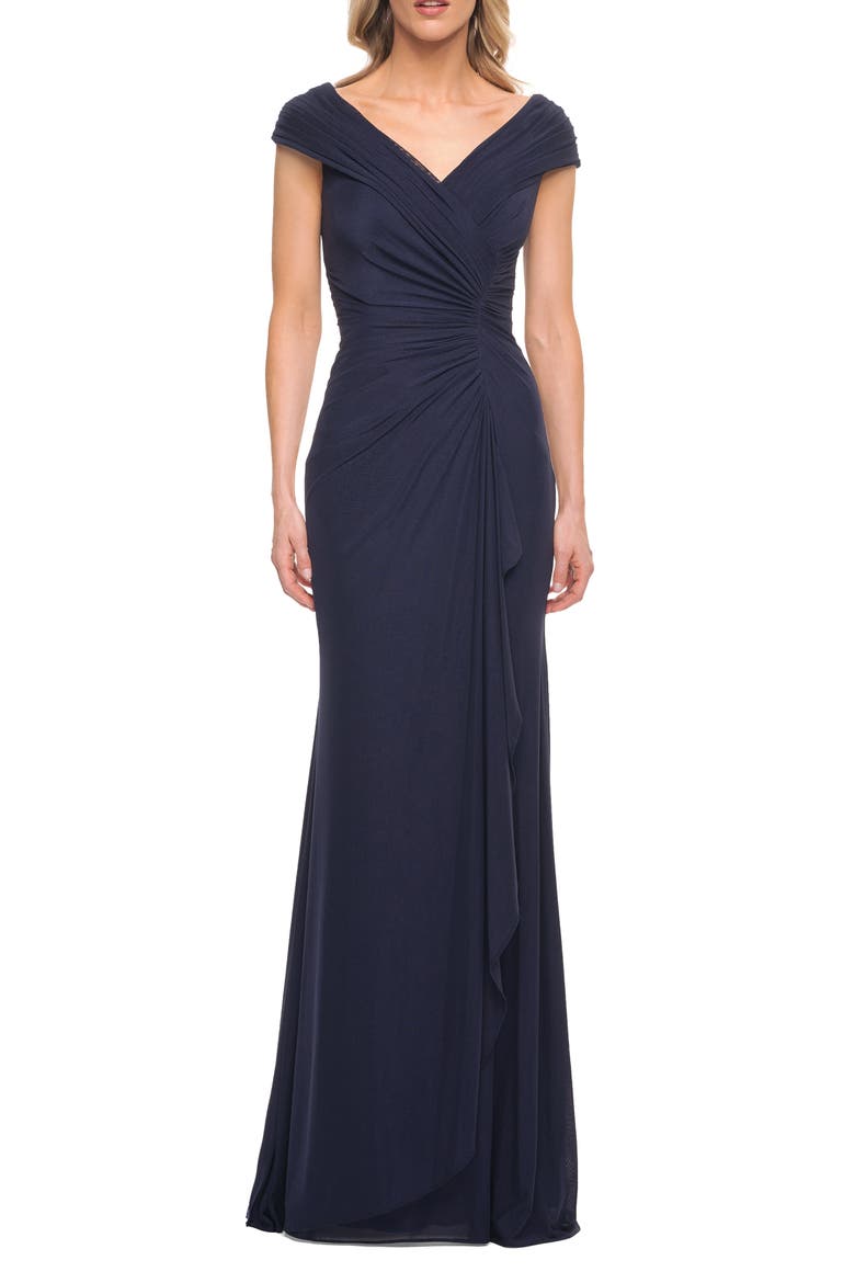 Elegant Net Jersey Long Gown with Ruching, Main, color, Navy
