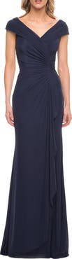 La Femme Elegant Net Jersey Long Gown with Ruching