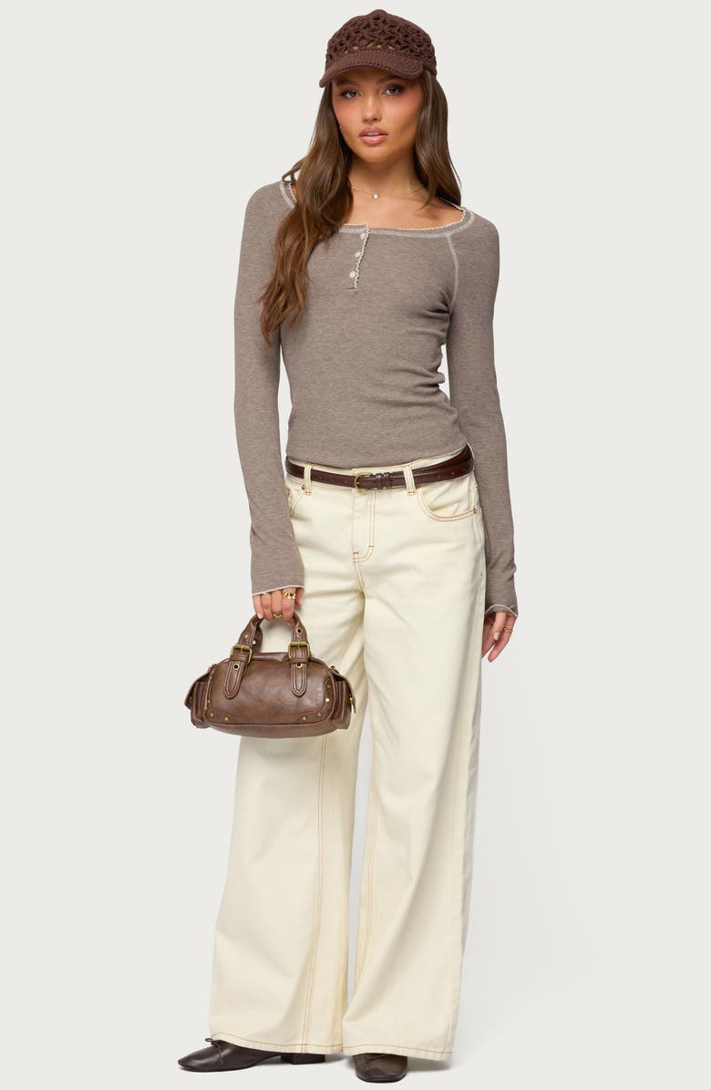 EDIKTED Ensley Contrast Stitch Henley Top, Alternate, color, Brown