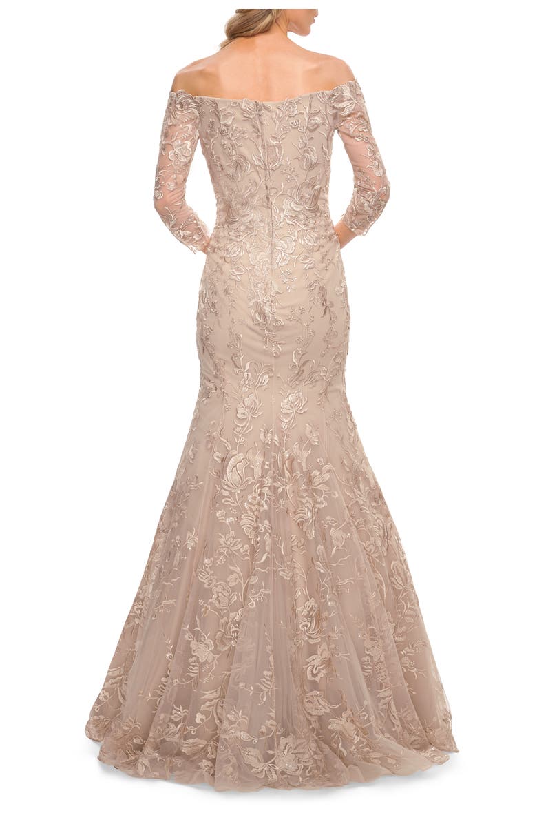 La Femme Long Lace Mermaid Gown with Off the Shoulder Top, Alternate, color, Champagne