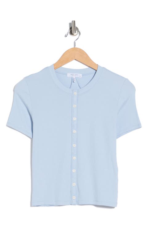 Essie Short Sleeve Button-Up Crop T-Shirt