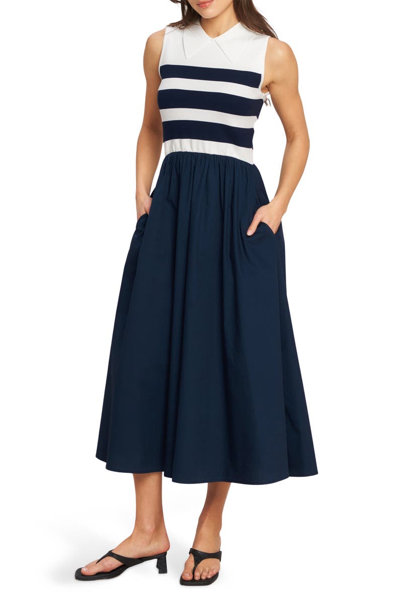 FLYING TOMATO Stripe Sleeveless Twofer Maxi Dress, Main, color, Ivory Navy