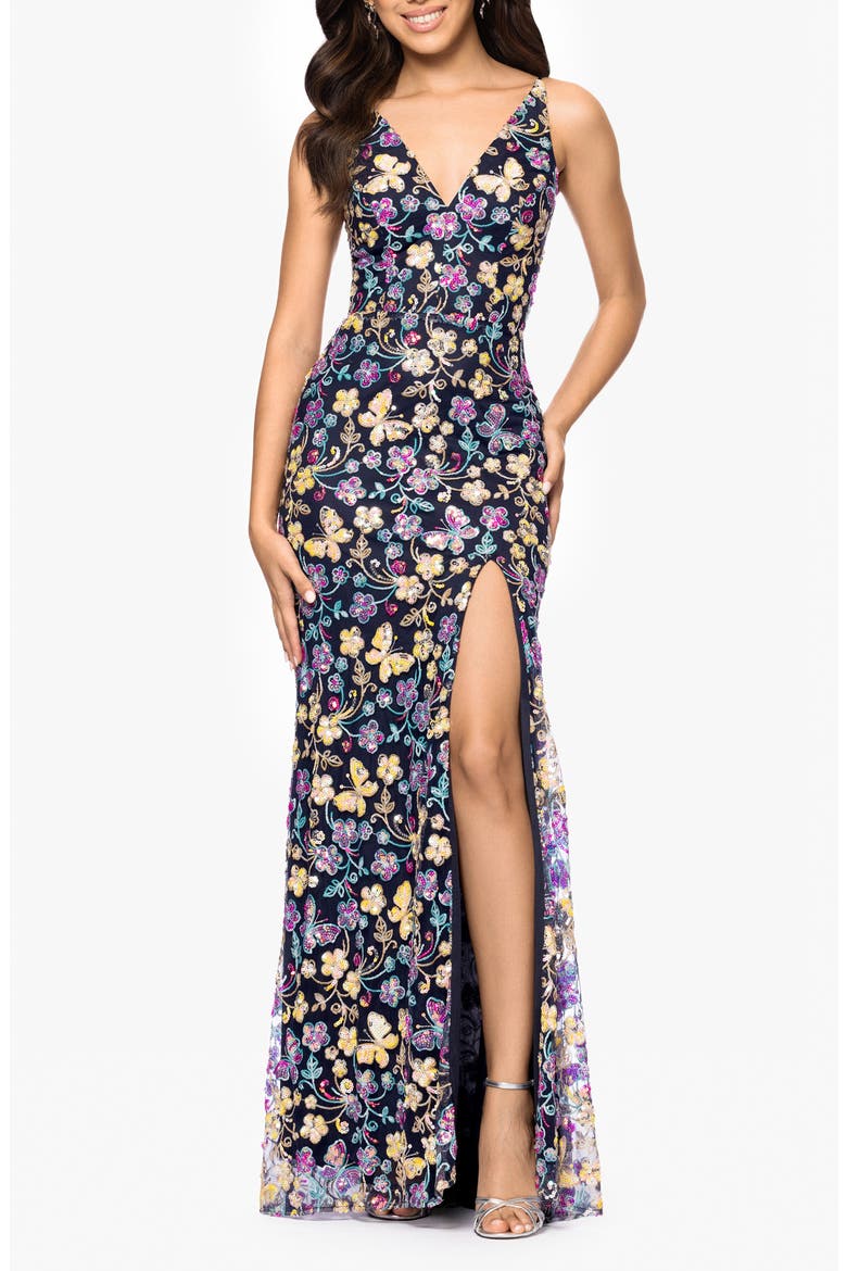 Butterfly Sequin Sleeveless Gown, Main, color, NAVY/ MULTI