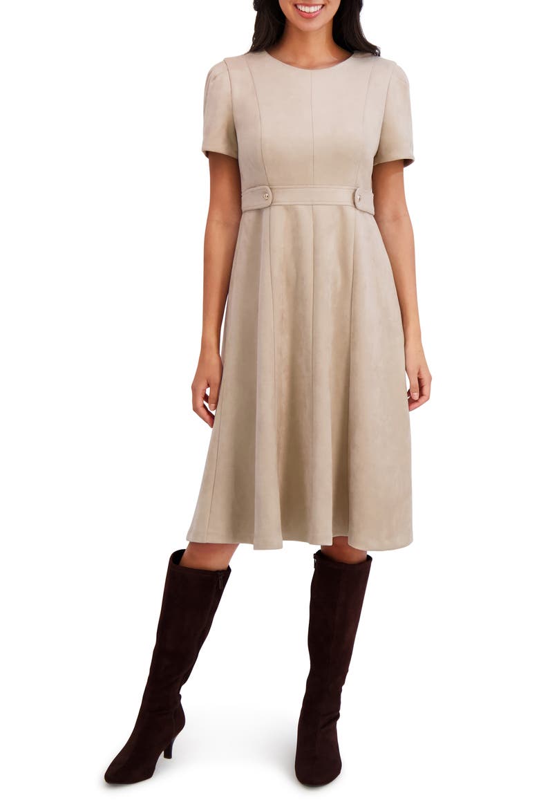 Jewel Neck Side Tab Fit & Flare Dress, Main, color, LATTE