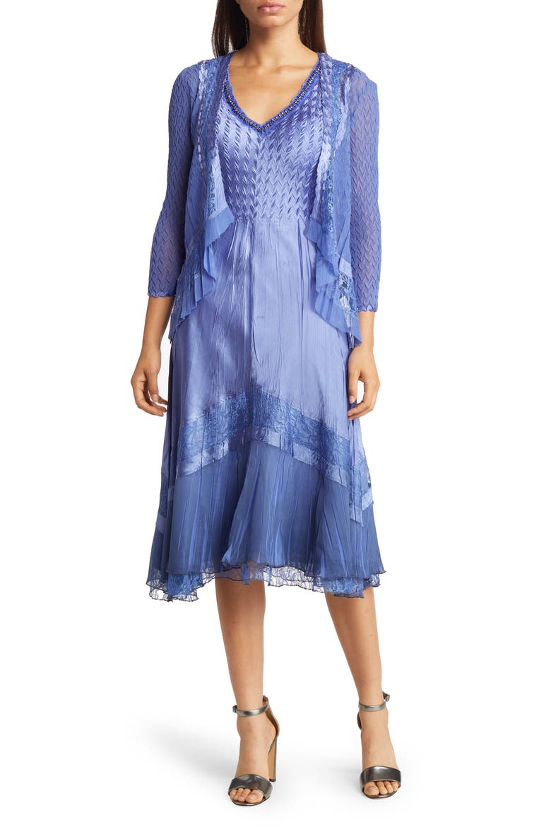 Beaded Charmeuse & Chiffon Tiered Dress with Jacket, Main, color, FREGATTA BLUE OMBRE