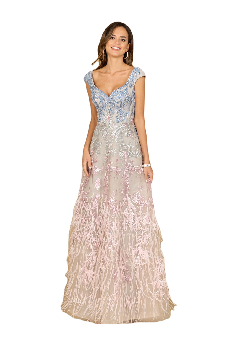 Cap Sleeves Feather Detail Ballgown, Main, color, Multi