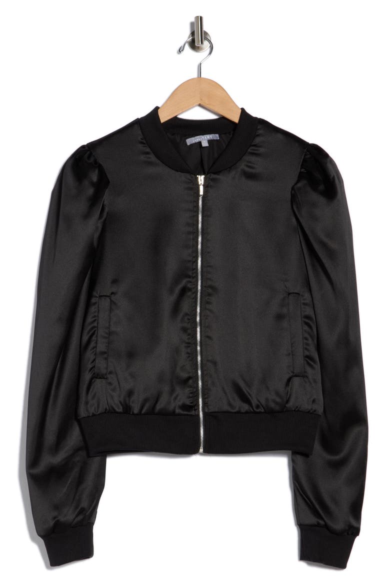 Amma Crop Satin Bomber Jacket, Alternate, color, BLACK