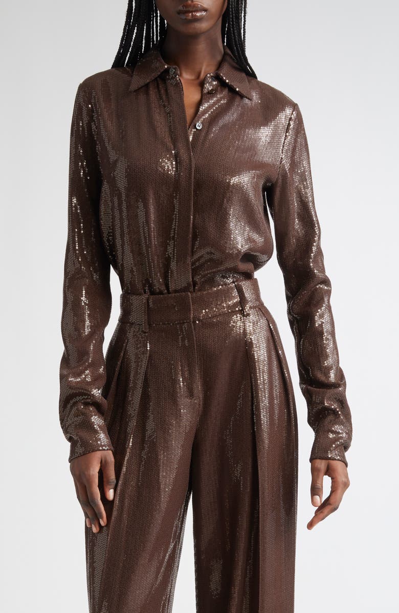 Michael Kors Collection Hansen Sequin Embellished Button-Up Shirt, Main, color, Chocolate