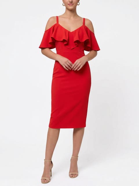 Marcella Off the Shoulder Ruffle Midi Dress