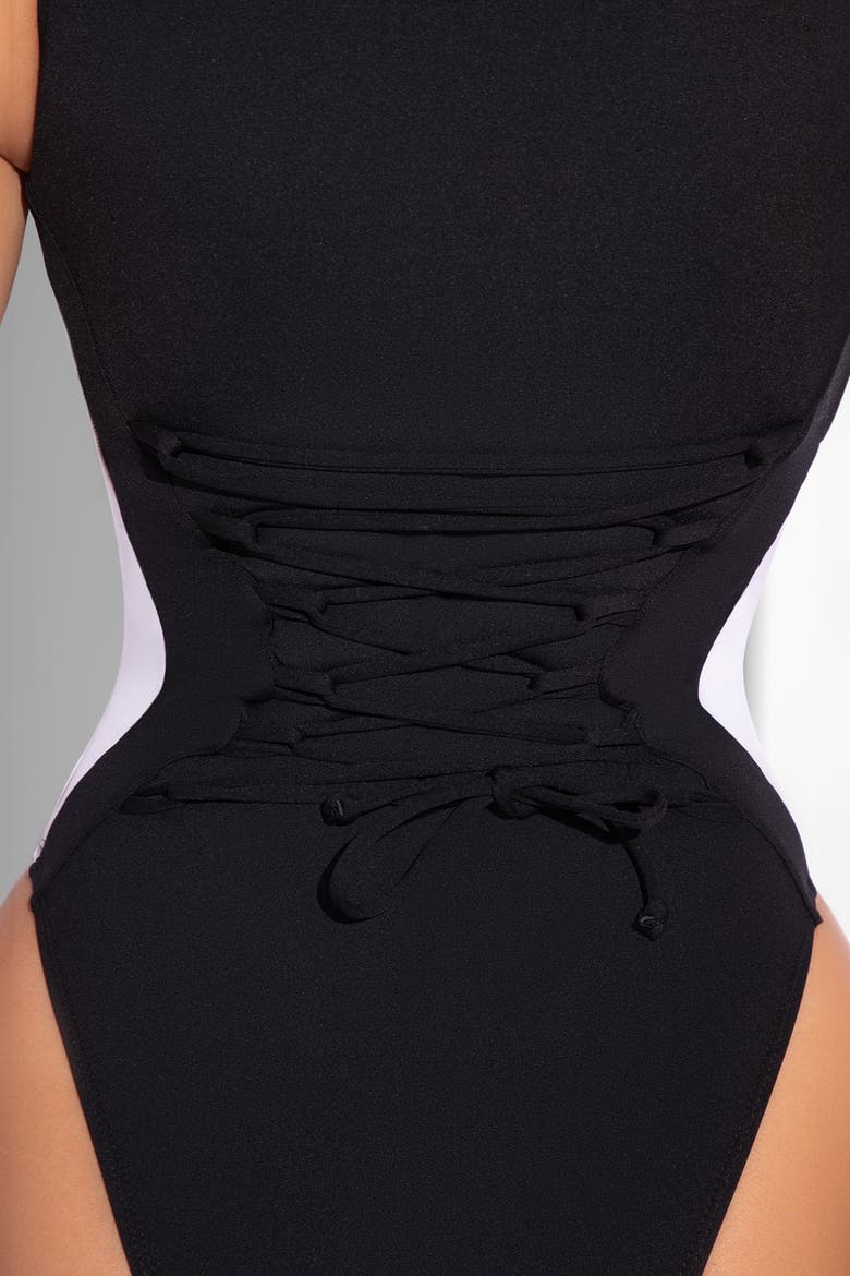 Mega Sculpting Adjustable Zip Front Cheeky Cut One Piece Swimsuit, Alternate, color, Contour Black/White