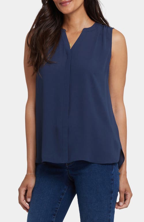 Nydj Print Pleat Back Sleeveless Split Neck Blouse In Blue