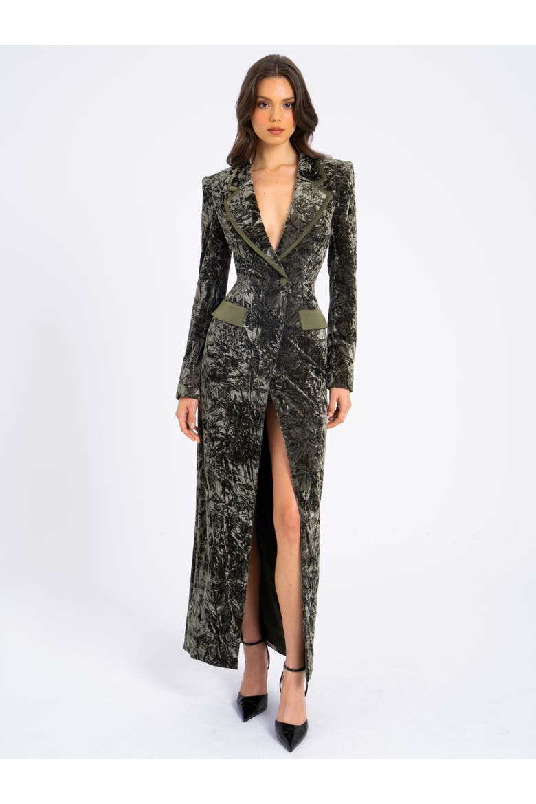 Willow Glossy Stretch Velvet High Slit Blazer Coat, Main, color, Green