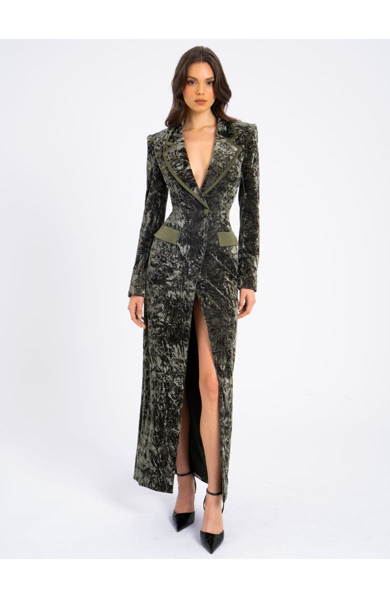 Miss Circle Willow Glossy Stretch Velvet High Slit Blazer Coat, Main, color, Green
