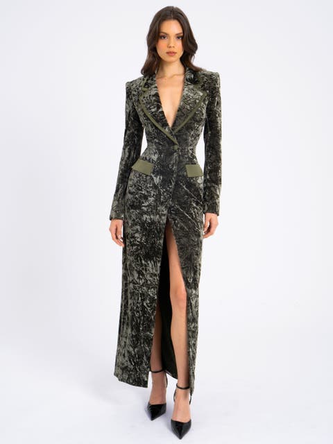 Willow Glossy Stretch Velvet High Slit Blazer Coat