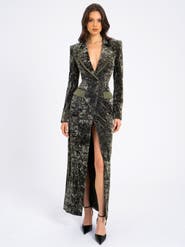 Miss Circle Willow Glossy Stretch Velvet High Slit Blazer Coat