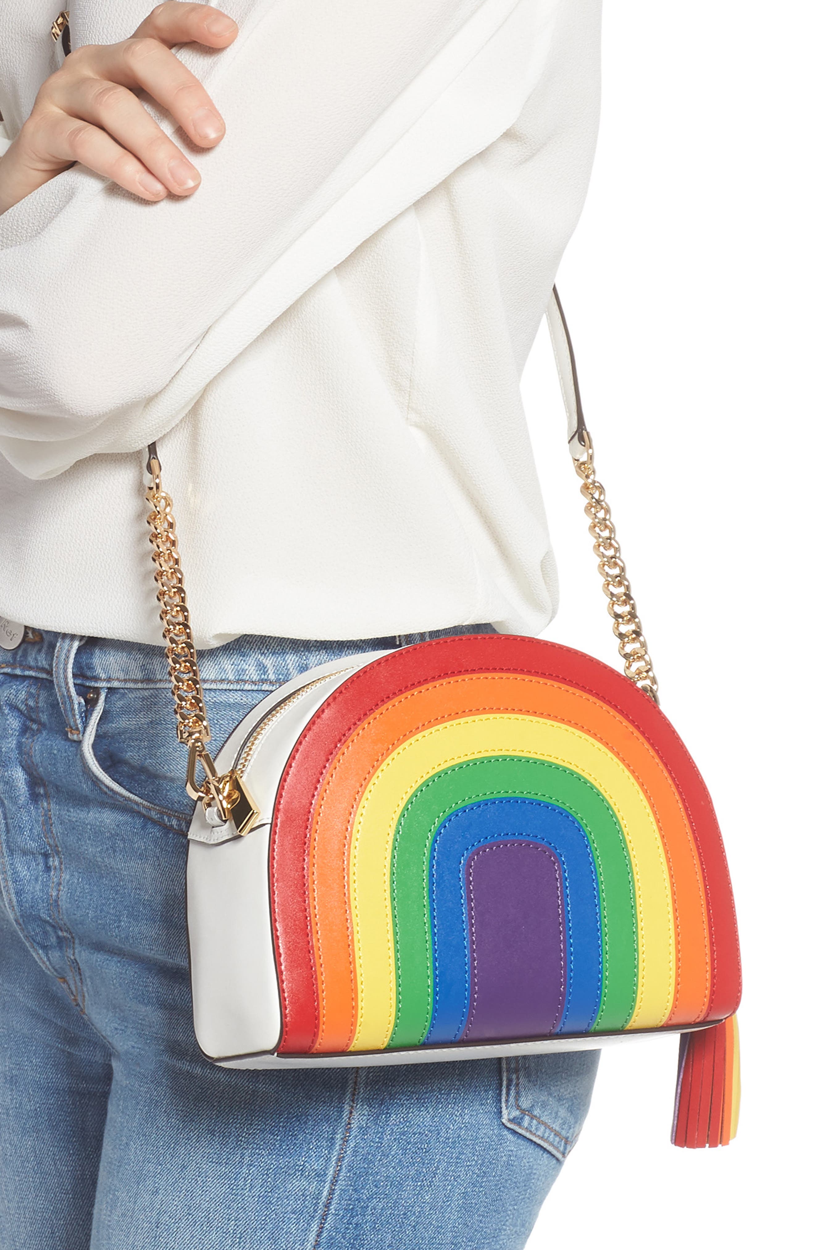 Ginny Rainbow Stripe Leather Crossbody Bag, Alternate, color, OPTIC WHITE