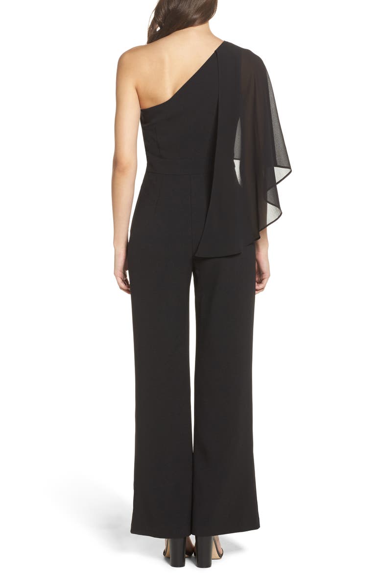 Cape Overlay One-Shoulder Jumpsuit, Alternate, color, BLACK