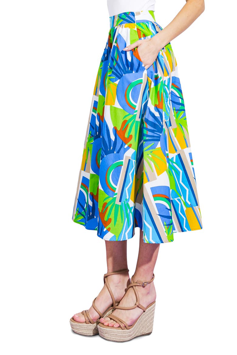 Printed Cotton Midi Skirt, Alternate, color, BLUE