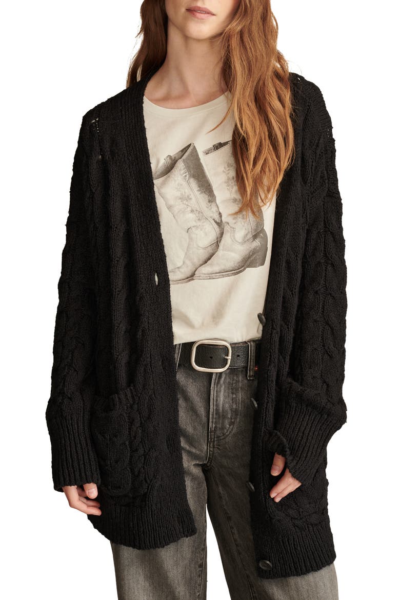 Cable Cardigan Sweater, Main, color, DARK BLACK
