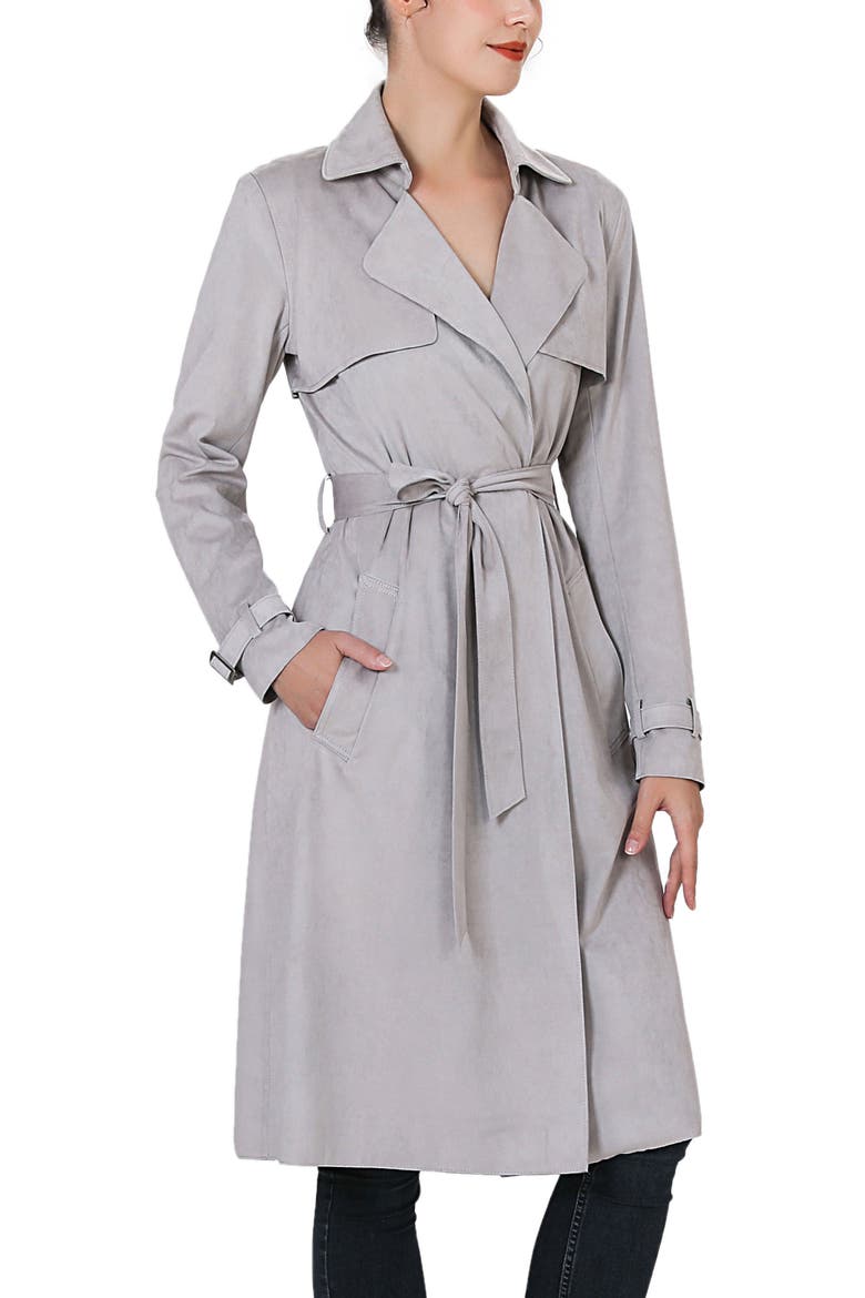 Women's Aria Long Faux Suede Trench Coat, Alternate, color, Gray