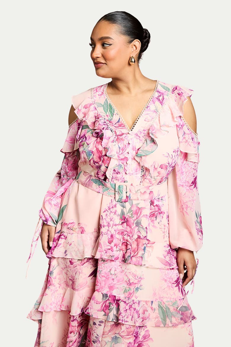 Shoulder Printed Ruffle Midi Dress, Alternate, color, Pink