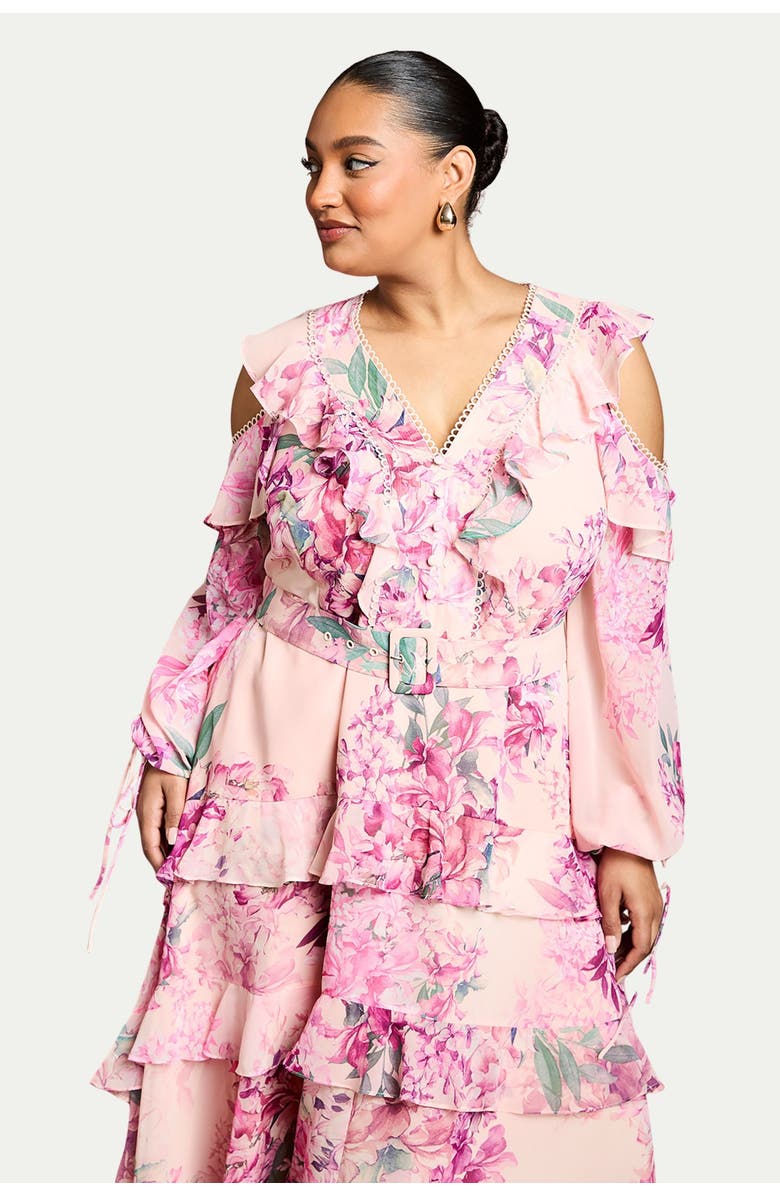 Coast Shoulder Printed Ruffle Midi Dress, Alternate, color, Pink