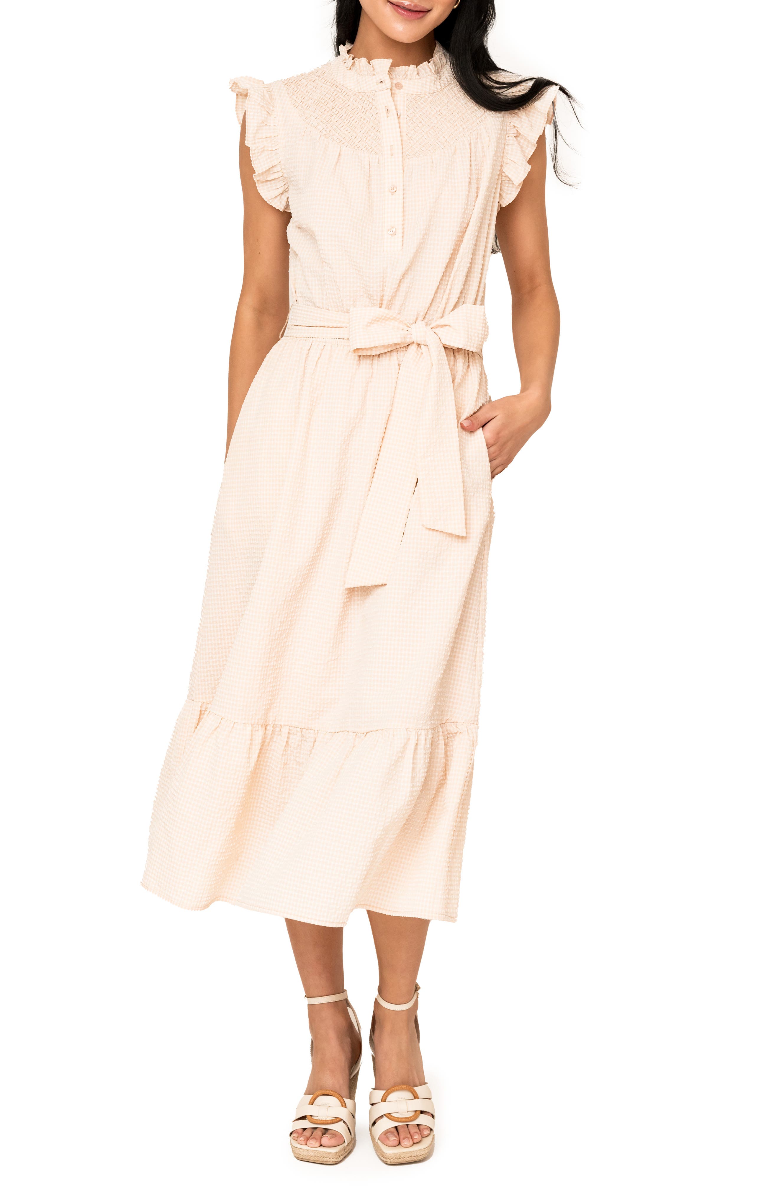 Textured Smocked Ruffle Midi Dress