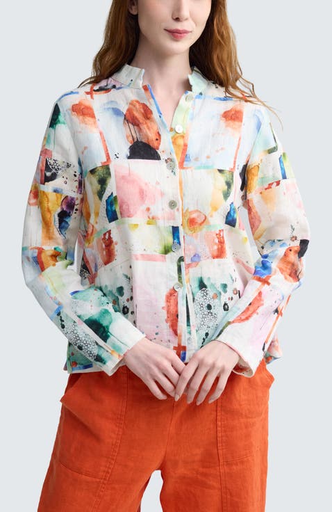 Avelia Painterly Print Linen Shirt