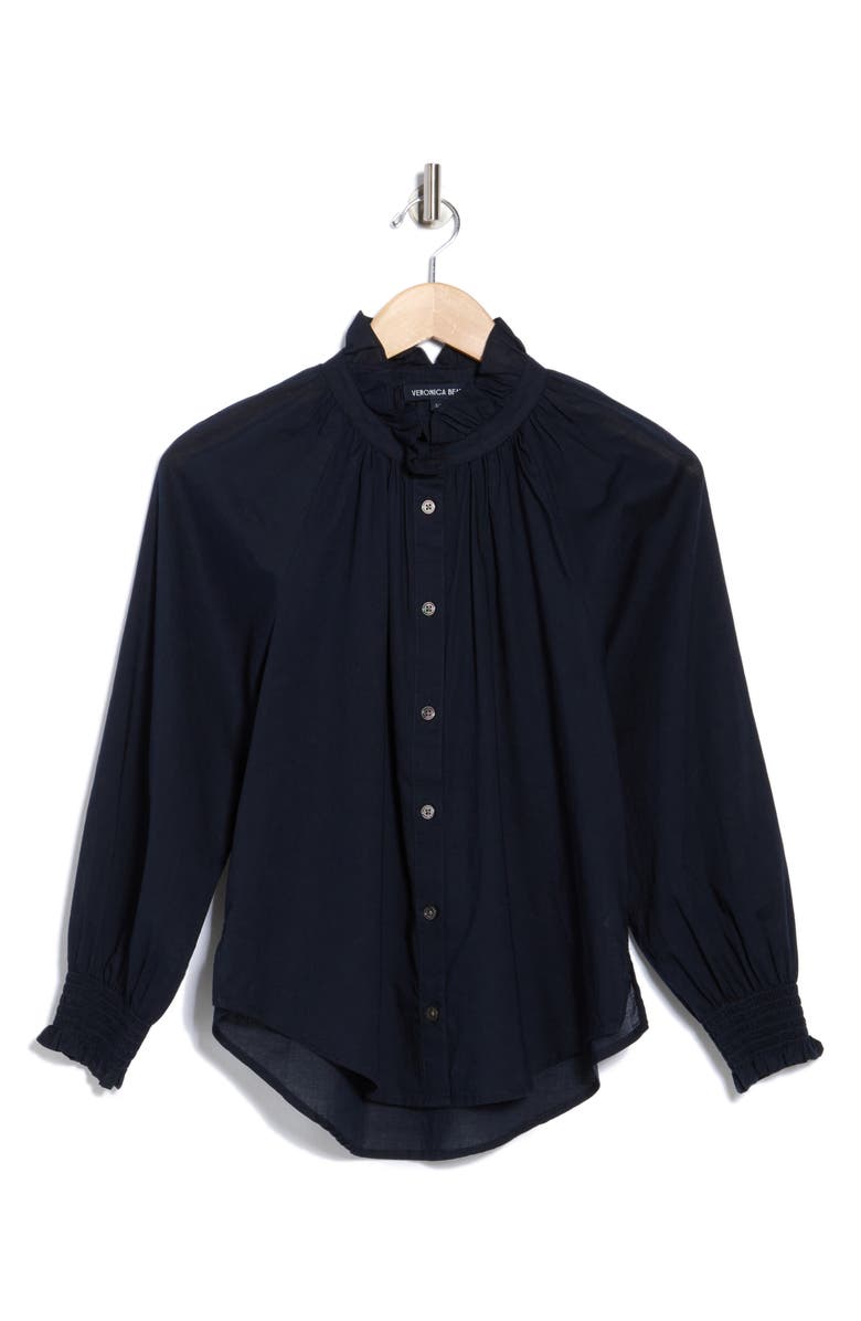 Veronica Beard Calisto Ruffle Collar Cotton Button-Up Shirt, Alternate, color, Navy