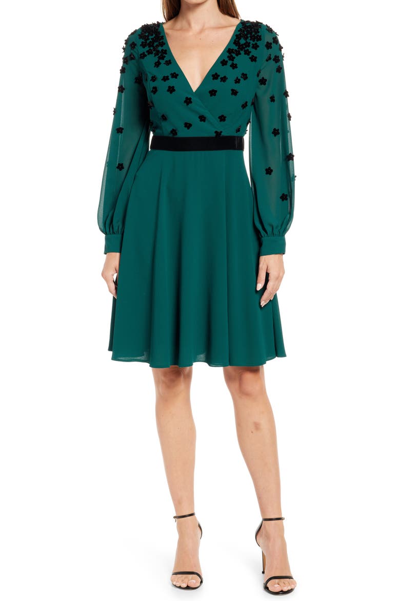 Georgette Floral Appliquè Long Sleeve Dress, Main, color, GREEN