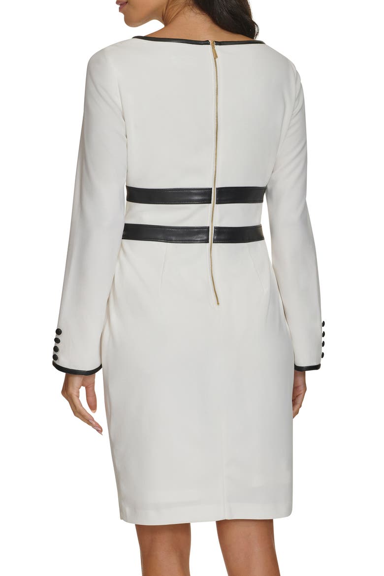 Calvin Klein Long Sleeve Faux Leather Trim Sheath Dress (Women)