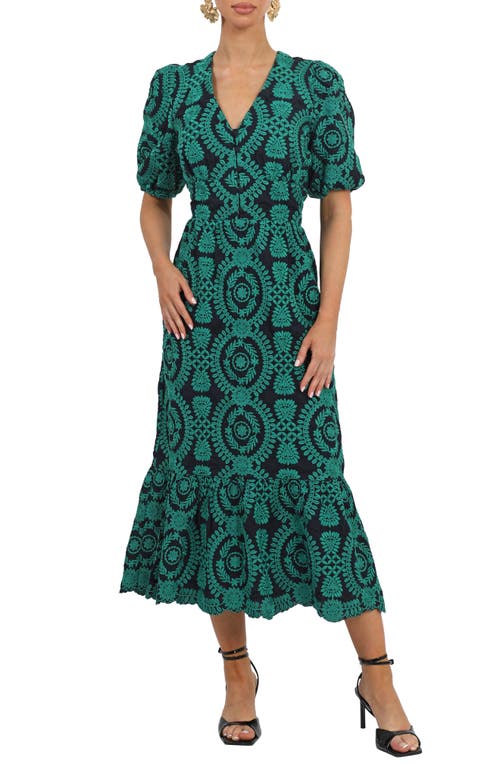 Adelyn Rae Luisa Embroidered Midi Dress in Navy Green 