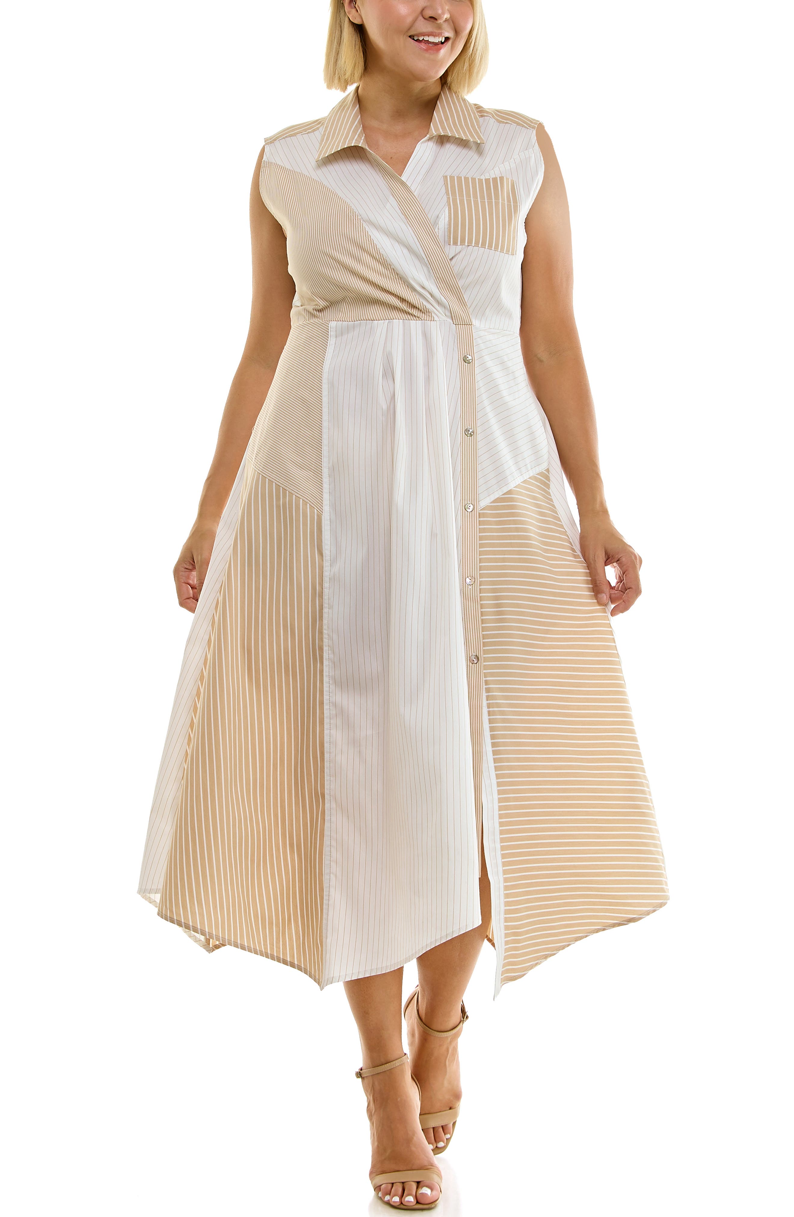 Nicole Miller Stripe Pleated Asymmetric Maxi Dress