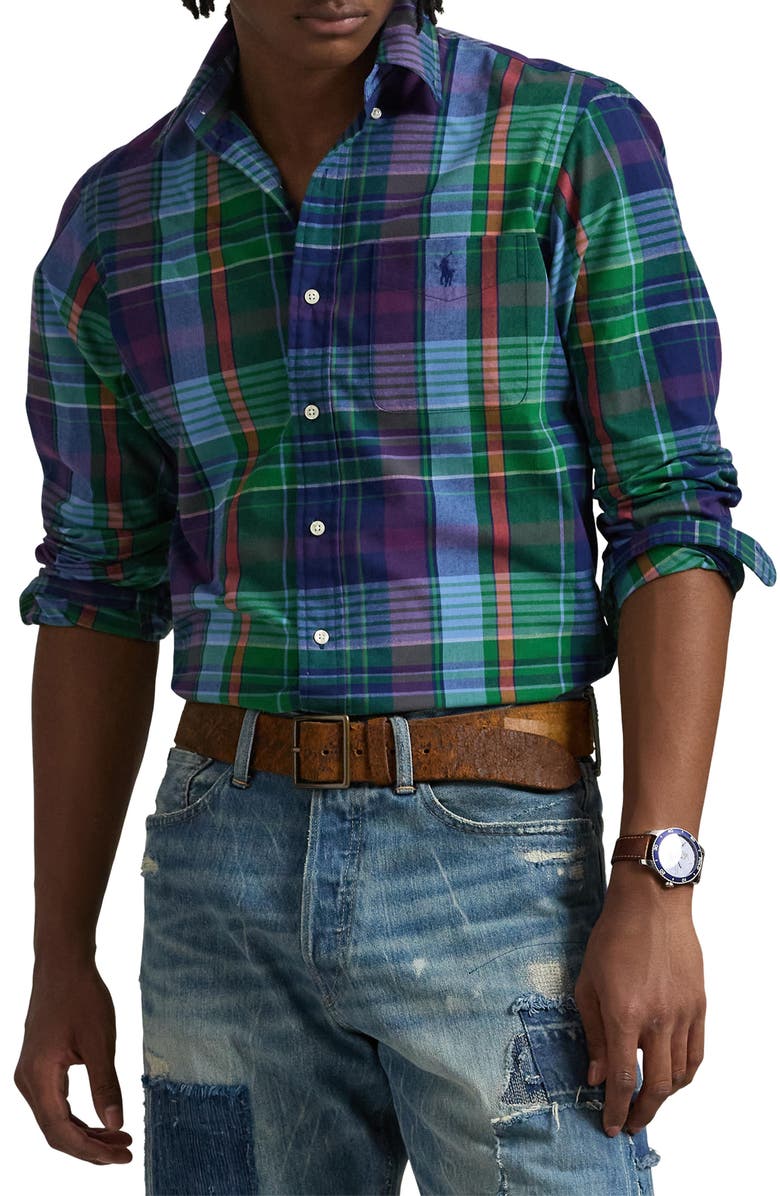 Polo Ralph Lauren Madras Plaid Performance Button-Down Shirt, Main, color, Green/ Navy Multi