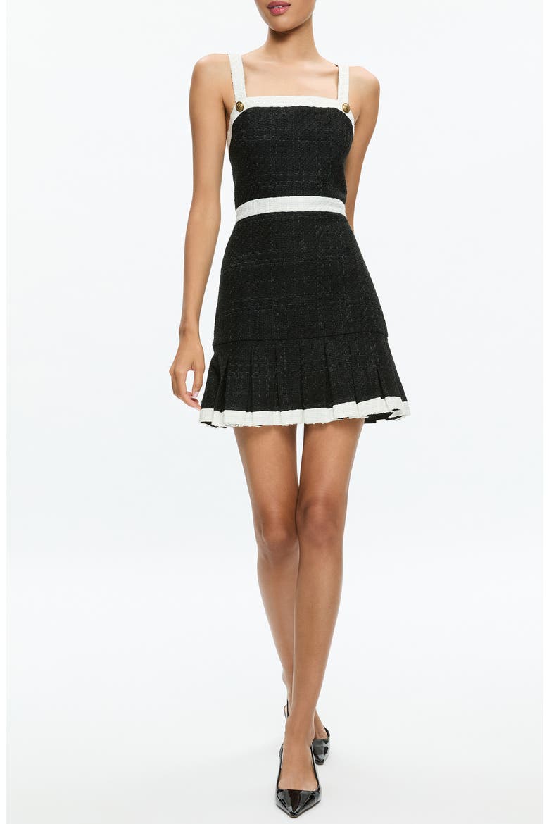 Clarine Contrast Trim Pleated Tweed Minidress, Main, color, BLACK/ OFF WHITE