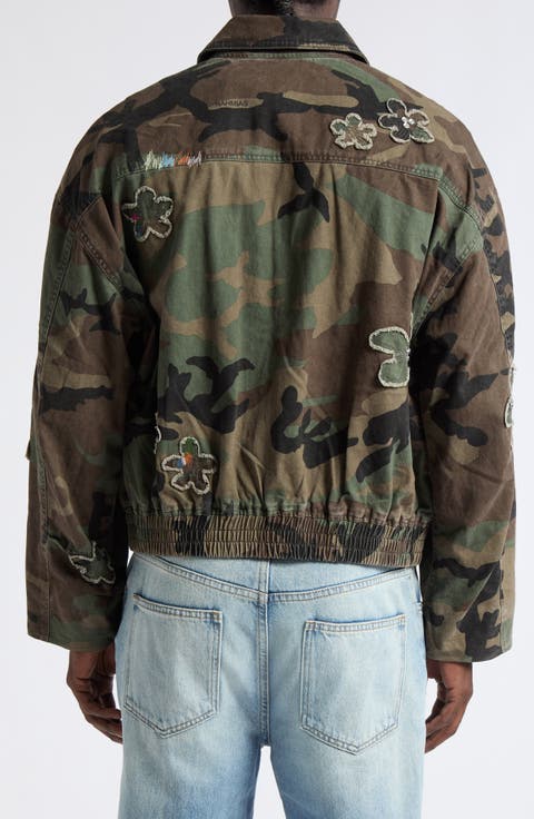 Crystal Embellished Floral Patch Camouflage Print Cotton Twill Jacket