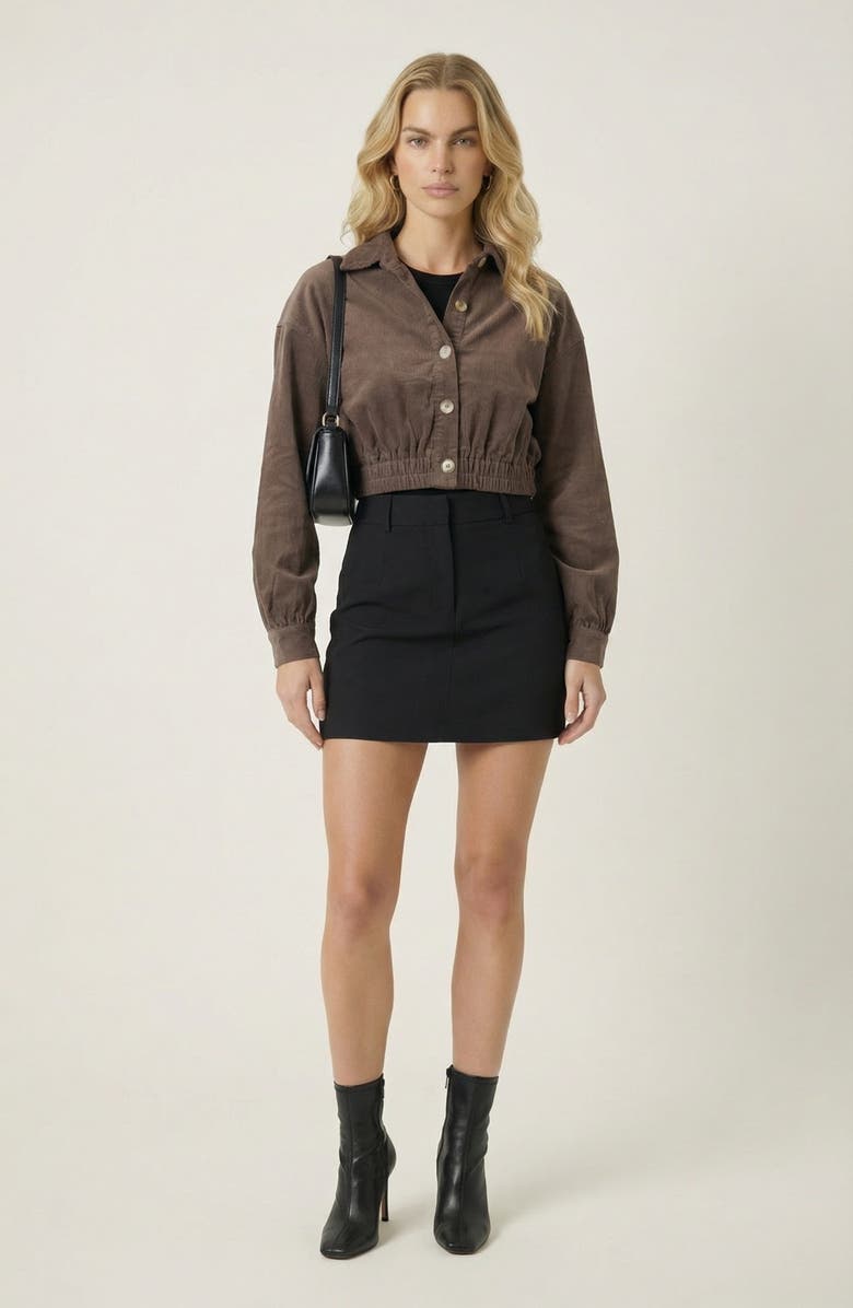 Modenaire Cropped Collared Button-Up Stretch Hem Jacket, Alternate, color, Brown