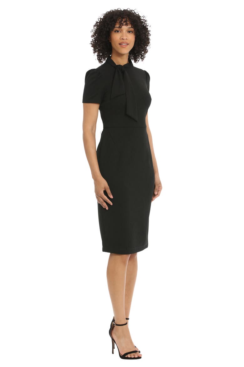 Tie Neck Puff Sleeve Scuba Crepe Dress, Alternate, color, BLACK