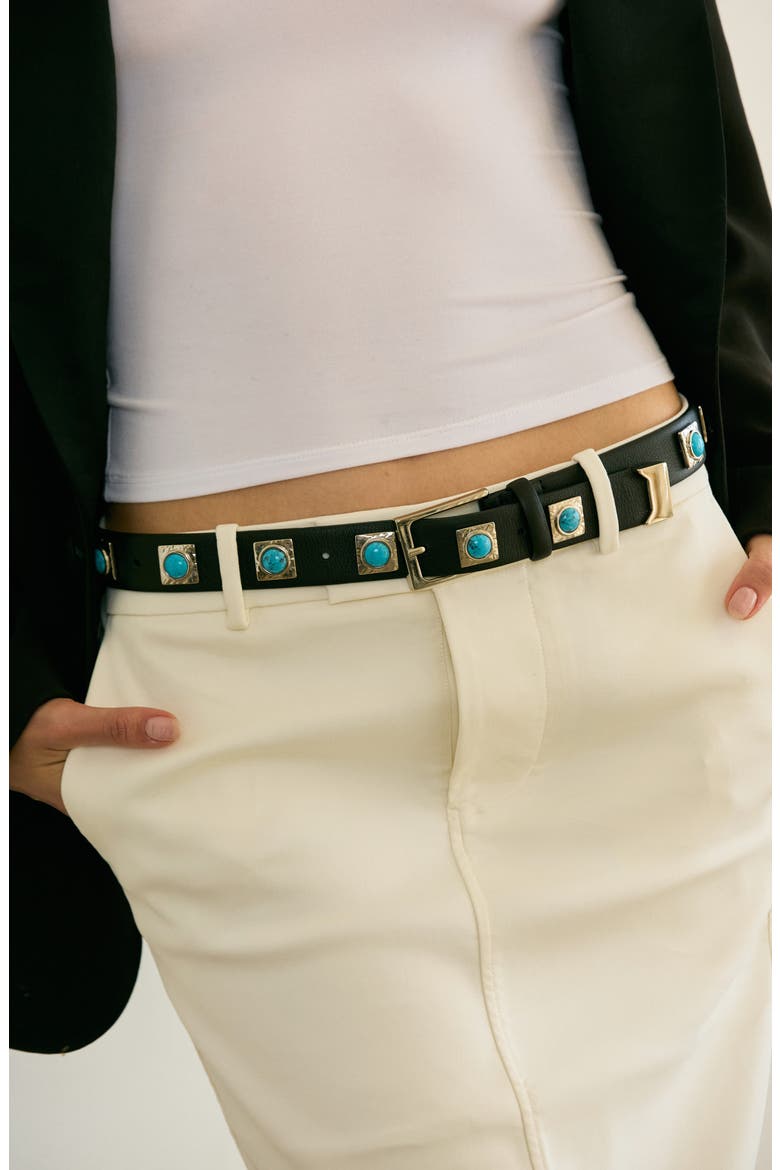 No. 2 Stud Leather Belt, Alternate, color, BLACK SILVER TURQUOISE ENAMEL