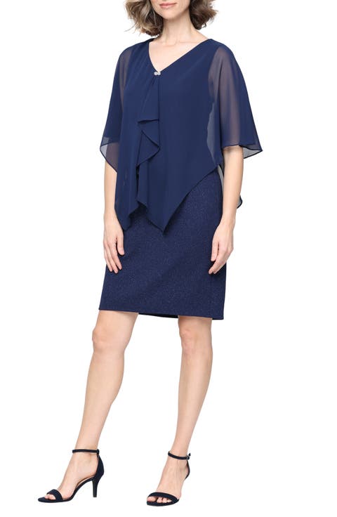 Chiffon Drape Glitter Knit Sheath Dress